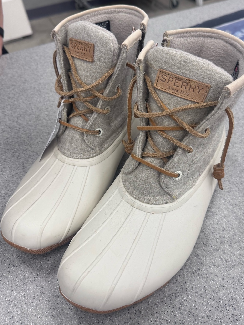 Sperry Wool-Collar Duck Boots in Cream, Tan and Light Gray